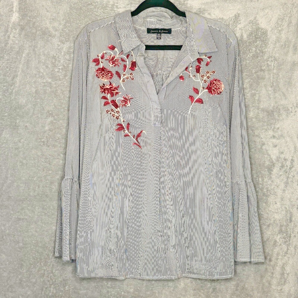 Jasmine & Juliana Shirt Top 2X Black Striped Bell Long Sleeve V Neck Embroidered